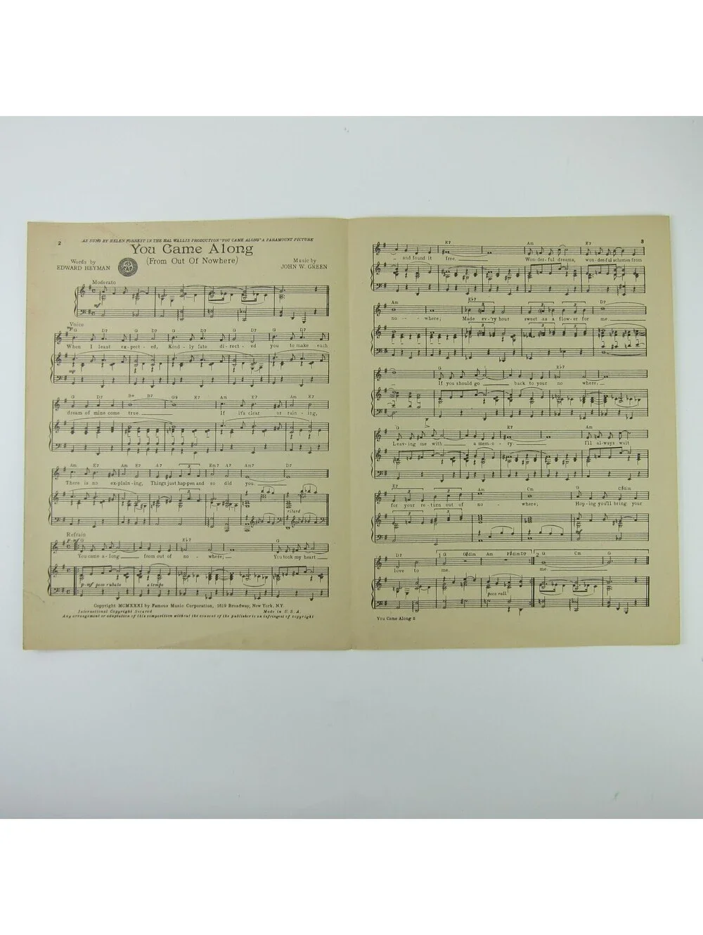 Sheet Music You Came Along (From Out Of Nowhere) Helen Forrest Vintage 1931